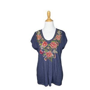 Faith & Zoe Embroidered Blue Tunic Top Shirt Short Cap Sleeve Size Small Womens